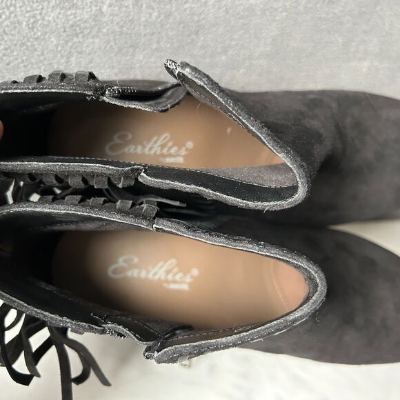 Earthies Zurich Black Suede Leather Booties Fringed Western - Women's Size 9 - Picture 7 of 9